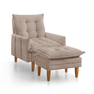 Imagem de Poltrona Khali Reclinável com Puff Madeira Maciça em Veludo Bege