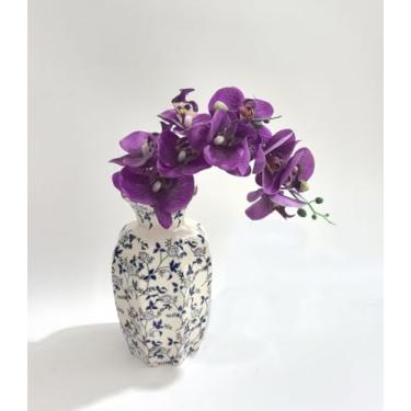 Imagem de Vaso vintage azul e branco, vaso floral chinoiserie, vasos grandes de cerâmica rústica para decoração de casa, sala de estar, estante de livros, escritório, decoração Grand Millennial 24 cm