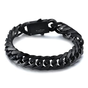 Imagem de TRUFINE Pulseira masculina de elos cubanos de aço inoxidável, 14 mm de largura, 20 cm/22 cm de comprimento, preto/banhado a ouro 18 K, presente para ele com caixa de presente, Length 8 Inch, Aço