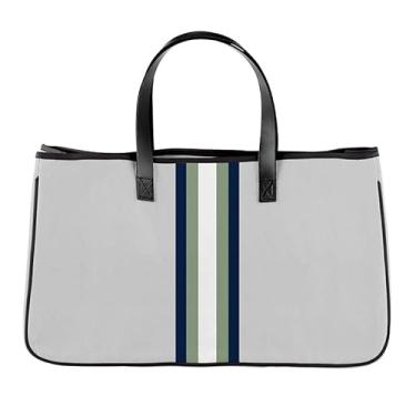 Imagem de Santa Barbara Design Studio Bolsa de lona listrada Racer - Alças de couro e forro à prova d'água, Cinza + branco, verde, 11" H x 20" W x 6" D, Inside Pocket: 7.5" H x 9" W, Preppy, casual, esportivo
