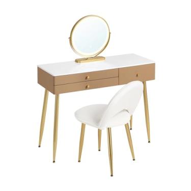 Imagem de Escrivaninha de penteadeira 1 conjunto de penteadeira maquiagem com espelho LED ajustável, 3 gavetas e banco veludo, para quarto(Khaki)