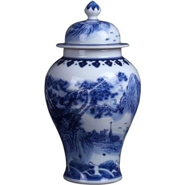 Imagem de AKALNNB Vaso de cerâmica azul e branco de gengibre com tampa para decoração de casa, vaso de templo estilo Ming antigo chinês tradicional Jingdezhen flor seca de porcelana chinesa