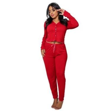 Imagem de Pijama Manga Longa Frio Abertura Botão Frontal e Laço Calça-Feminino