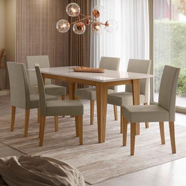 Imagem de Conjunto Sala de Jantar Mesa Retangular Liz com Vidro 160cm 6 Cadeiras Josi Carvalho/Bege/Off White