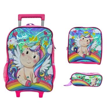 Imagem de Combo Unicórnio com Mochila Holográfica, Lancheira e Estojo Escolar