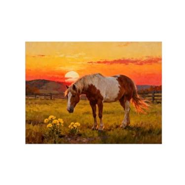Imagem de Quadro parede outono-Cavalo sol campo Impressões em tela paisagens-Pintura animais para sala estar decoração fazenda 60x80cm Sem Moldura