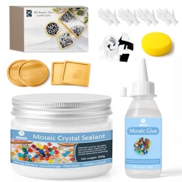 Imagem de Kits de mosaico para adultos com azulejos de mosaico para artesanato - Conjunto completo de bricolage preto branco e cinza, porta-copos de madeira, cola e ferramentas incluídos, fácil decoração de