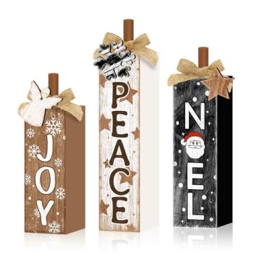 Imagem de 3 peças placa de bloco de mesa de Natal vintage floco de neve estrela anjo bandeja em camadas decoração rústica casa de fazenda mesa de madeira centros de mesa para casa prateleira de cozinha