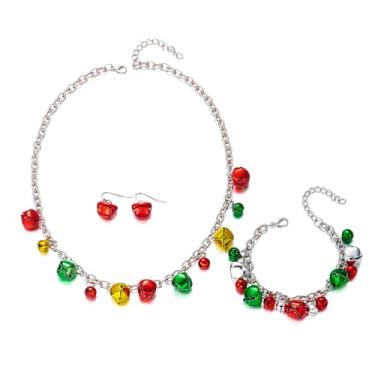 Imagem de GYRMMUE Conjunto de colar de brincos de Natal para mulheres, vintage vermelho verde Jingle Bell Ornamento corrente longa brincos pendentes pulseiras colares frisado gancho de Natal meias meias joias