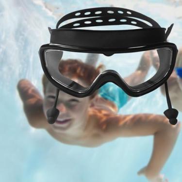 Imagem de Óculos de natação de silicone PC com tampões de ouvido integrados, armação grande, proteção UV, máscara de natação com zíper, Preto