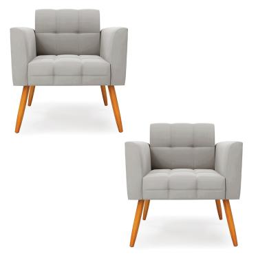 Imagem de Kit 2 Poltronas Elisa Veludo Cinza Pés Palito Castanho - D'Rossi