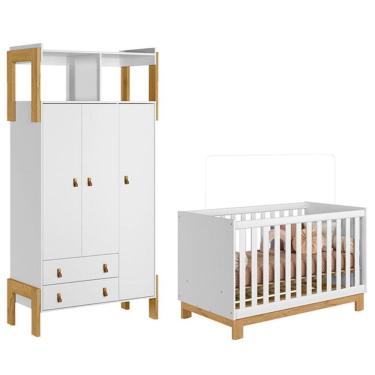Imagem de Berço Americano Mini Cama Q Encanto Slim e Guarda Roupa Fantasia Branco Acetinado - Qmovi