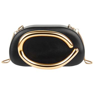 Imagem de Bolsa clutch feminina – Bolsa de mão vintage de couro PU com alça de metal, leve, moderna, clutch para presente de festa (preto)