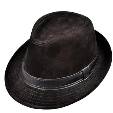 Imagem de Chapéus Fedoras masculinos de couro genuíno camurça pele de vaca nobuck marrom chapéu feminino cavalheiro masculino jazz hip pop bonés, Preto, 56 cm