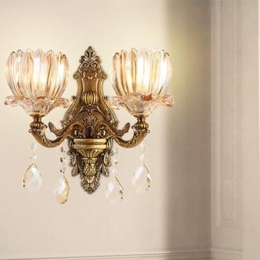 Imagem de Luminária de parede de cristal de luxo europeia, moderna, com LED, para decoração de sala de estar, quarto, escritório, quarto modelo, hotel, casa de campo, corredor (1 peça com 2 lâmpadas).