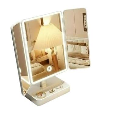 Imagem de Lupa portátil com ampliação de 3x, luz LED e espelho de maquilhagem dobrável - Ideal para oferecer (BRANCO)