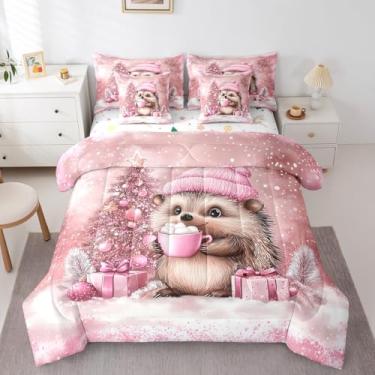 Imagem de Erosebridal Jogo de cama de casal fofo de ouriço kawaii, animal de Natal, meninas, lençol com lençol com lençol com lençol com lençol e árvore de Natal, para decoração de quarto de crianças, mulheres,