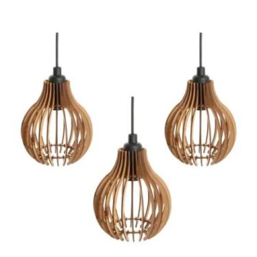 Imagem de Kit 03 Pendentes De Teto Luminária Rústica Modelo Coquinho Cor Madeira