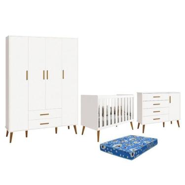 Imagem de Dormitório Infantil Isis Guarda Roupa 4 Portas, Cômoda 1 Porta E Berço Branco Com Colchão - Reller Móveis Branco