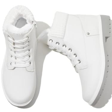 Imagem de POVOGER Botas Femininas Pretas De Cano Curto, Botas Brancas De Inverno, Botas Felpudas, Botas De Combate, Botas De Neve Com Zíper Lateral (Branco, Eua 08)