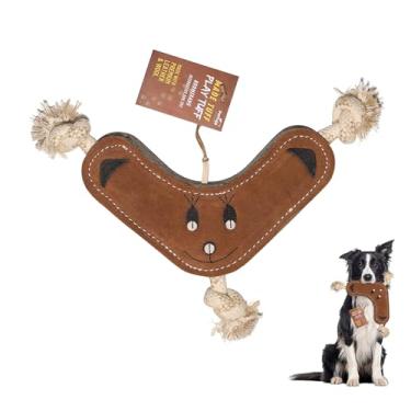 Imagem de PetYupp Boomerang – Brinquedo tufo para mastigar cães totalmente natural, couro verdadeiro e lã extragrossa – Perfeito para mastigadores agressivos, filhotes de dentição e para cães pequenos, médios e