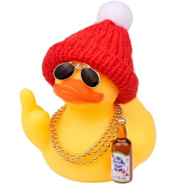 Imagem de MuMyer Patos de borracha para painel de carro, decorações de véspera de Natal, enfeite de carro de pato de borracha com chapéu de malha acessório legal, óculos de sol, colar, 9 cm
