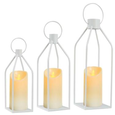 Imagem de Kehail Conjunto de 3 lanternas decorativas - lanternas internas de metal branco de 19/16/13 polegadas decorativas com velas LED cintilantes, decoração de entrada frontal para casa de fazenda