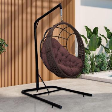 Imagem de Cadeira Balanço Ninho Suspenso Em Corda Náutica Luxo Com Suporte Marrom