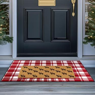 Imagem de Maasechs 2 capacho de Natal para ambientes internos e externos, tapete de veludo xadrez vermelho e branco de 71 cm x 109 cm e tapete de rena de coco sintético de 45,7 cm x 76,2 cm lavável em camadas