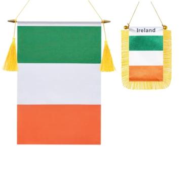 Imagem de Pacote com 2 bandeiras de parede da Irlanda, mini bandeira irlandesa pendurada na janela do carro, acabamento acetinado, tecido resistente, bandeiras patrióticas para decoração de espelho retrovisor