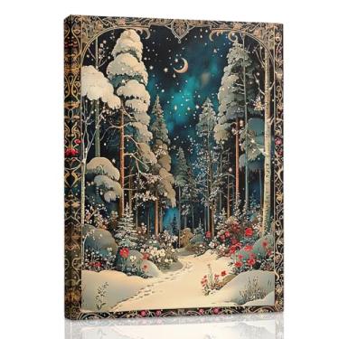 Imagem de RLTXBUK Decoração de arte de parede de floresta encantada de Natal, árvore de fantasia noturna mágica floresta férias de inverno impressão em tela emoldurada pôsteres para casa, quarto, sala de estar