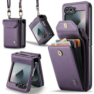 Imagem de XKchatpt Capa para Samsung Galaxy Z Flip 6, carteira transversal com suporte para cartão com bloqueio de RFID, alça de couro PU, capa protetora à prova de choque para Samsung Galaxy Z Flip 6 (Roxo)