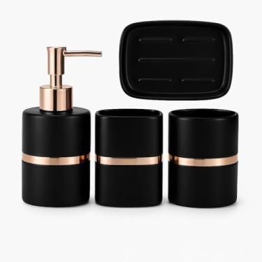Imagem de Conjunto de Banheiro Moderno, 4 Peças em Branco e Dourado, Dispenser para Sabonete Líquido, 2 Porta Escovas e Saboneteira, Acabamento Premium, Preto