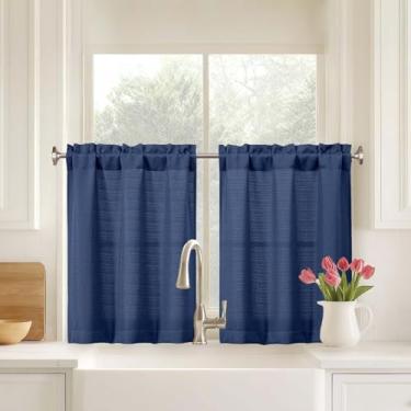 Imagem de Ebesto Conjunto de 2 painéis de cortinas de cozinha Blue Farmhouse com 76 cm de comprimento, cortinas de linho sintético de tecido macio para acampamento de porão de banheiro de meia janela pequena