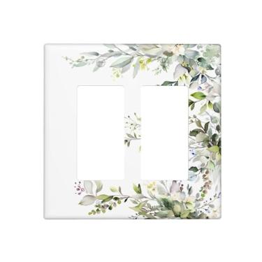 Imagem de VGHOKO Capas de tomada decorativas com folhas de eucalipto de vegetação minimalista e design floral branco, placa de parede de 2 gangues, capa de interruptor duplo para decoração de quarto