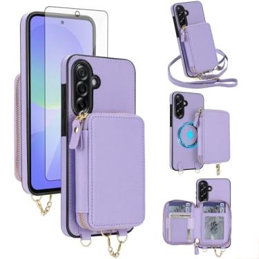Imagem de Capa de telefone para Samsung Galaxy A56 5G carteira com zíper bolsa protetora de tela transversal alça magnética destacável compatível com bloqueio de RFID MagSafe Flip A 56 56A mulheres homens roxo