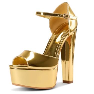 Imagem de HDEUOLM Sandália feminina de salto plataforma alta bloco grosso peep toe tira no tornozelo festa bonito salto 5,9 polegadas, Dourado, 42