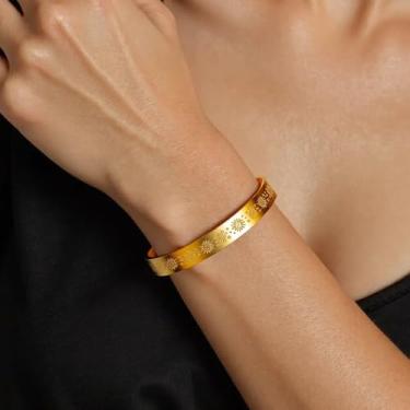 Imagem de Pulseira feminina de aço inoxidável dourado com design de olho e sol, barra espiritual com corrente, 17+3mm, Aço inoxidável, Sem Pedra Preciosa