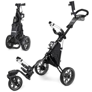 Imagem de Tedycatt Carrinho de golfe 360: Suporte de golfe dobrável leve de 3 rodas com freio de pé, bolsa térmica, suporte para bebidas e guarda-chuva, rodas cinza com moldura preta