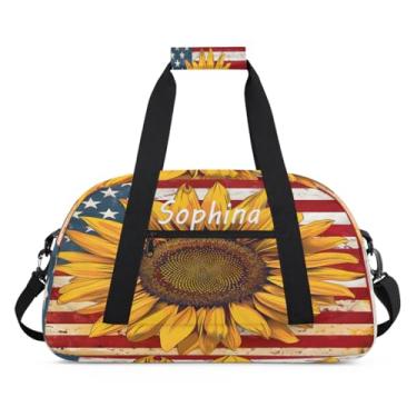 Imagem de Bolsa esportiva personalizada flor girassol bandeira americana com nome bolsa personalizada para dormir bolsa de fim de semana, bolsa de treino para dança, balé, academia, ginástica, mala de viagem