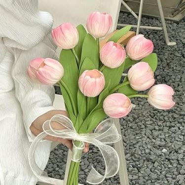 Imagem de Haste de flor de tulipa artificial, tulipa sintética de toque real para decoração de mesa de sala de estar em casa