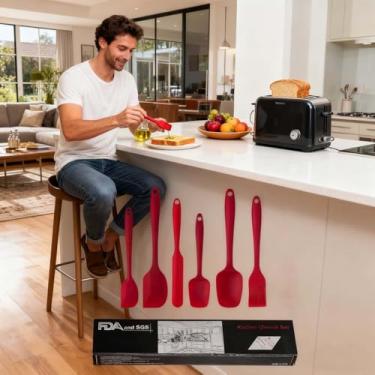 Imagem de Conjunto de 6 espátulas de borracha de silicone resistente ao calor, espátulas de cozinha, cozinhar, assar, misturar para panelas antiaderentes, pode ser lavado na lava-louças (vermelho cereja)