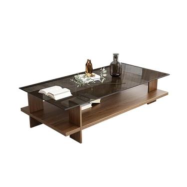 Imagem de Yadlan Mesa de centro de vidro moderna para sala de estar, mesa de chá retangular de casa de fazenda moderna com tampo de vidro temperado e moldura de madeira maciça marrom 80 cm x 40 cm