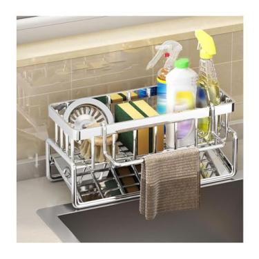 Imagem de HGTRH Organizador de pia de cozinha, suporte de esponja de aço inoxidável com suporte de pano de prato para armazenamento e organização de cozinha de bancada B