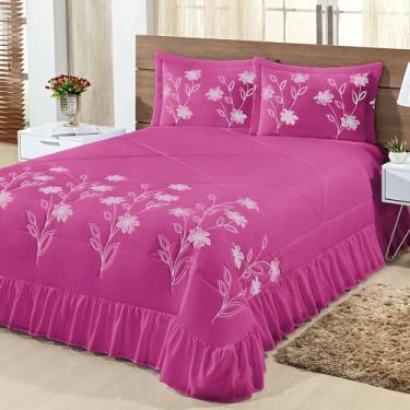 Imagem de Kit Cobre Leito Casal Super King Lírio 03 Peças Colcha - Pink - Bordad