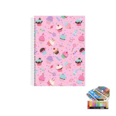 Imagem de Kit Caderno Feminino 10 Matérias Capa Dura 200 Folhas + Caneta Trigel Metálica + Marca Texto Boss