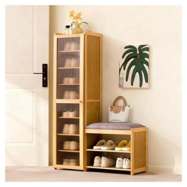 Imagem de SPXMQSS Sapateira de bambu, banco de entrada com almofada macia 2 em 1, banco de sapatos e armário de armazenamento com prateleiras removíveis para entrada, sala de estar, quarto, cor de madeira 85 x