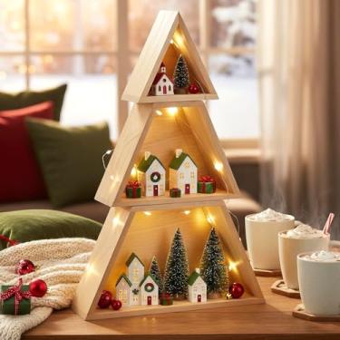 Imagem de Thyle Prateleira de árvore de Natal de 3 níveis de madeira, plataformas de exibição de vila de Natal, suporte para pendurar na parede, sala de estar, quarto, casa, escritório, mesa, prateleira de