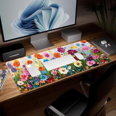 Imagem de Tapete de mesa de flor de couro, mouse pad de arte colorida grande teclado de computador mousepad para jogos à prova d'água protetor e capa de mesa, tapete de mouse decorativo de couro PU para laptop