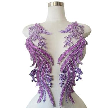 Imagem de Jpumley.pksn Apliques de renda de strass feitos à mão costurados em miçangas para acessórios de roupas de vestido 1 par/bolsa 14 x 20 cm (roxo claro)